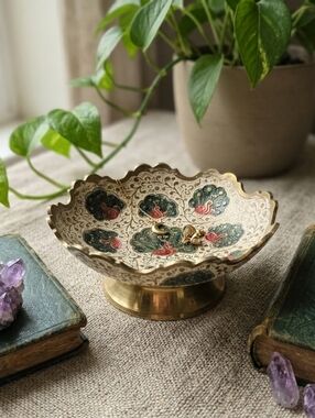 4" Brass Peacock Trinket Dish Vintage Enamel Pedestal Bowl India Unbranded